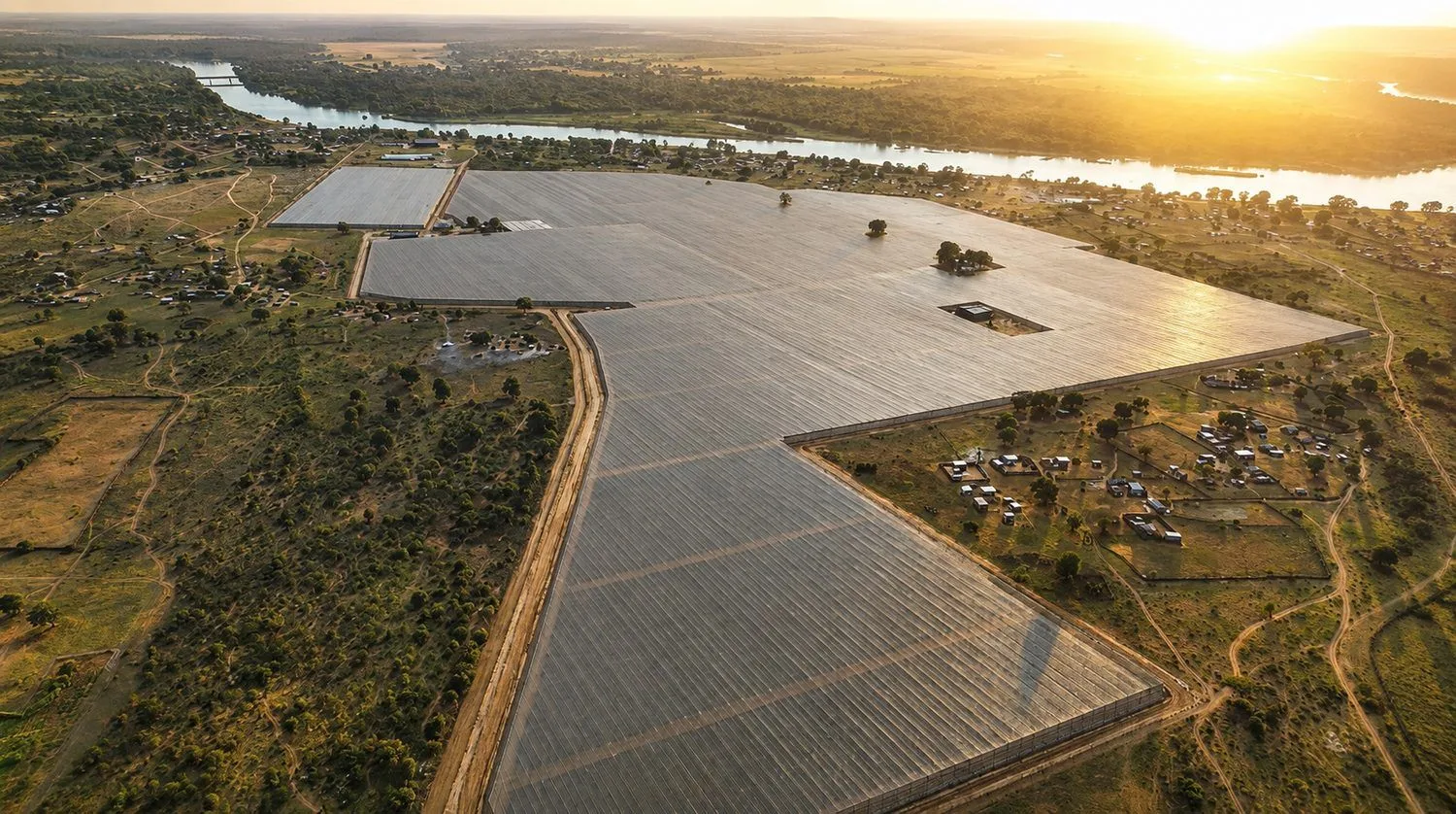 Aerial view of a fruit farming operation beside a river at sunset